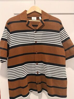 Burberry Brown, Black & White Striped Short-Sleeve Button Shirt
